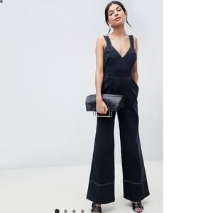 ASOS Black Twill Wide Leg Jumpsuit Contrast Stitch V Neck Sleeveless Wide Leg‎